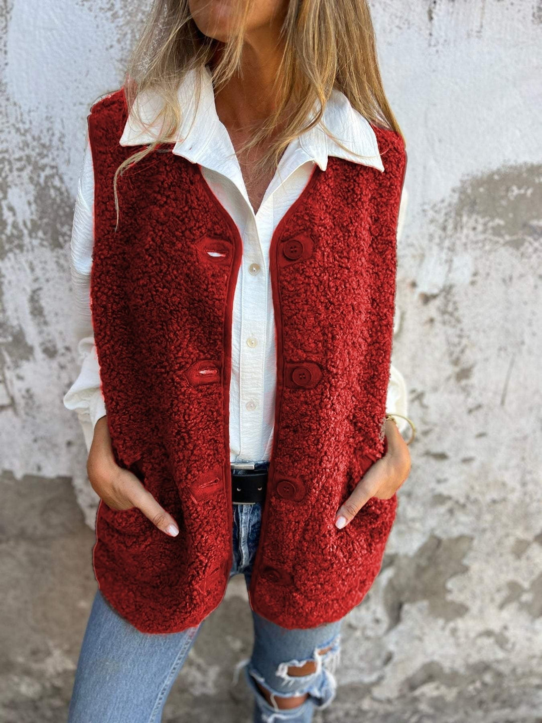 Gilet da donna in peluche, senza maniche, oversize, con bottoni e tasche