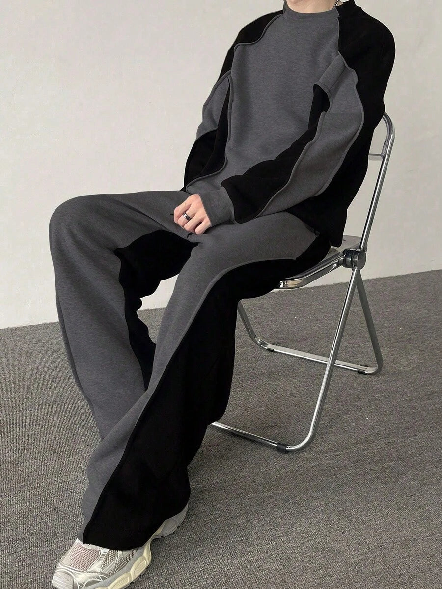 Men's two-tone tracksuit set with crew-neck top and wide-leg pants