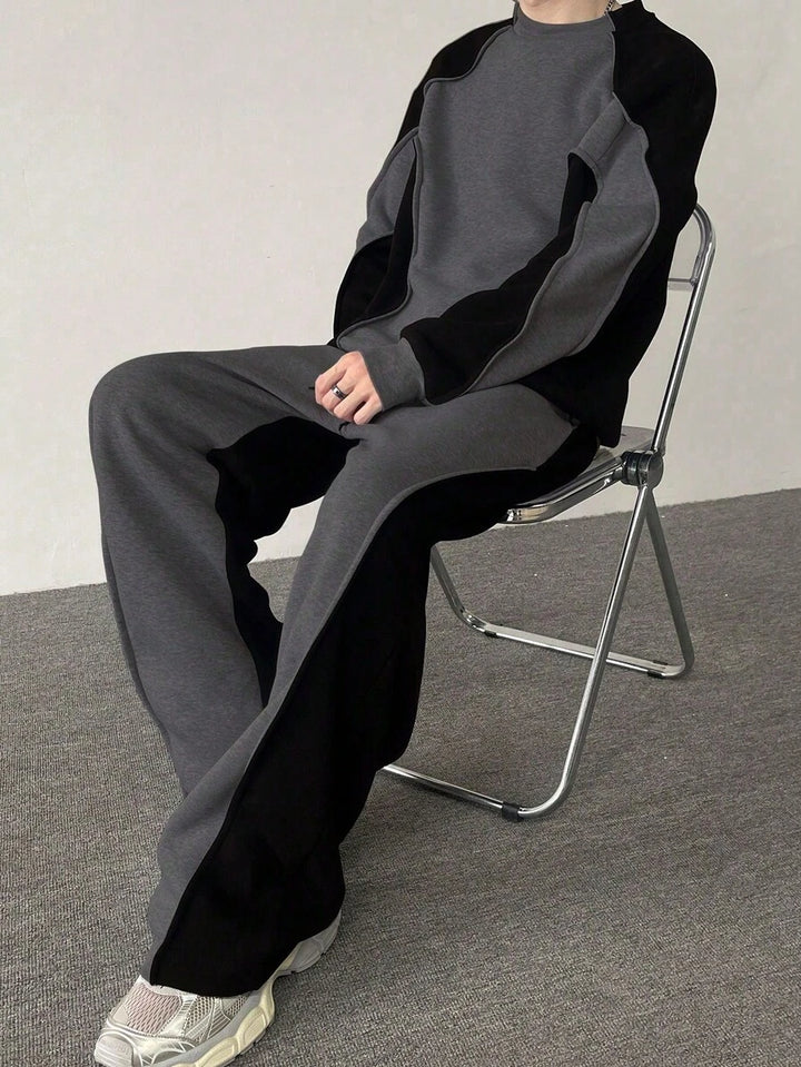 Men's two-tone tracksuit set with crew-neck top and wide-leg pants