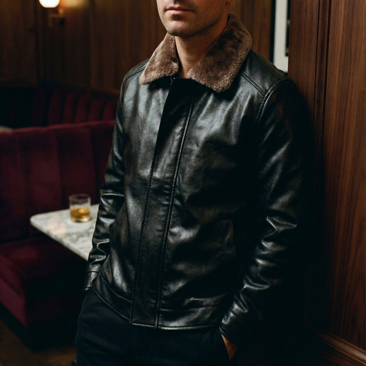 Veste en Cuir d'Agneau Véritable pour Homme avec Col en Fausse Fourrure et Fermeture Zip