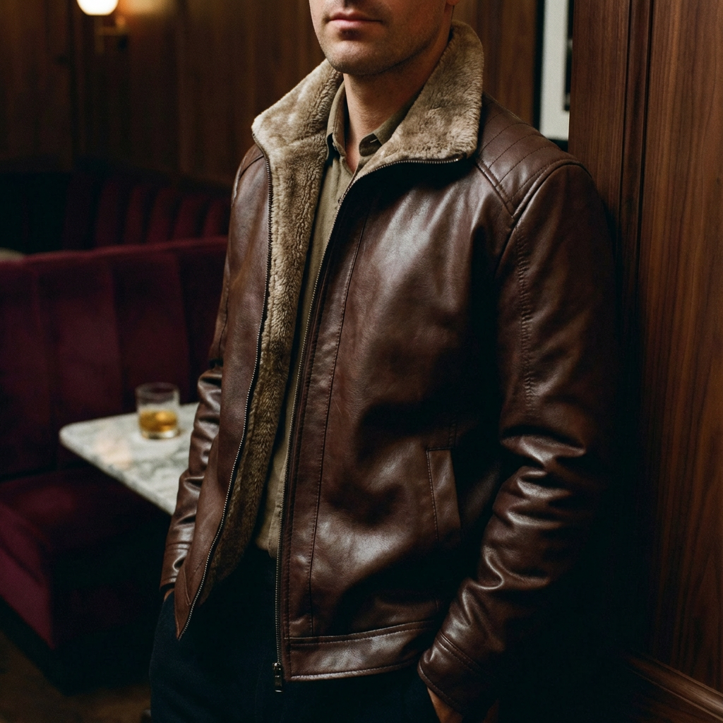 Veste en Cuir d'Agneau Véritable pour Homme avec Col en Fausse Fourrure et Fermeture Zip