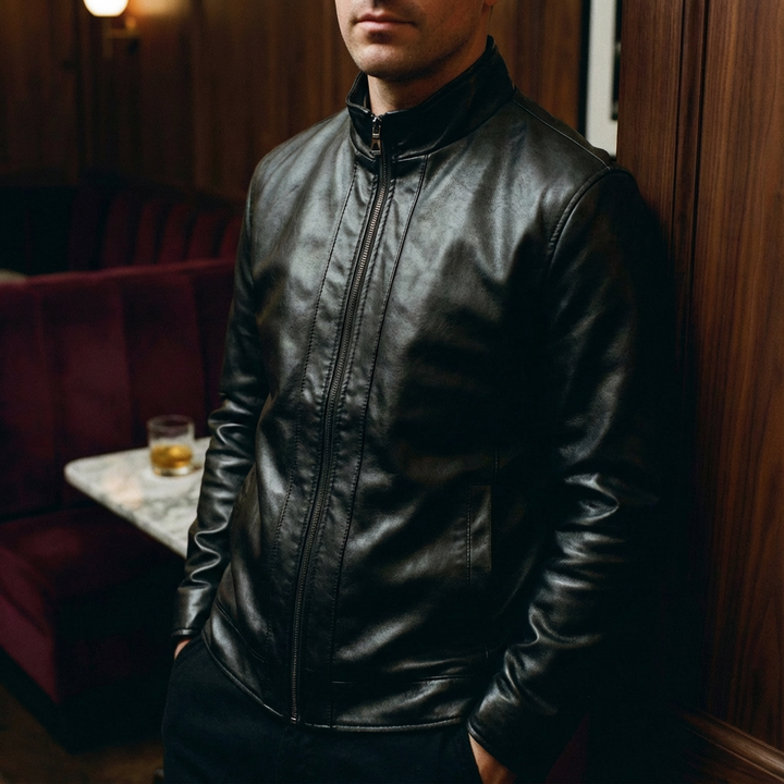 Veste en Cuir d'Agneau Véritable pour Homme avec Col en Fausse Fourrure et Fermeture Zip