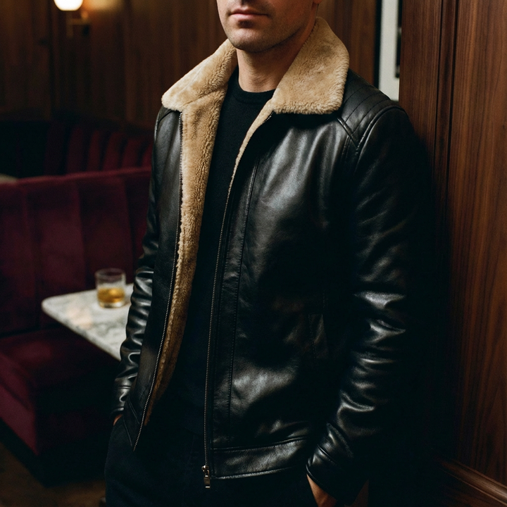 Veste en Cuir d'Agneau Véritable pour Homme avec Col en Fausse Fourrure et Fermeture Zip