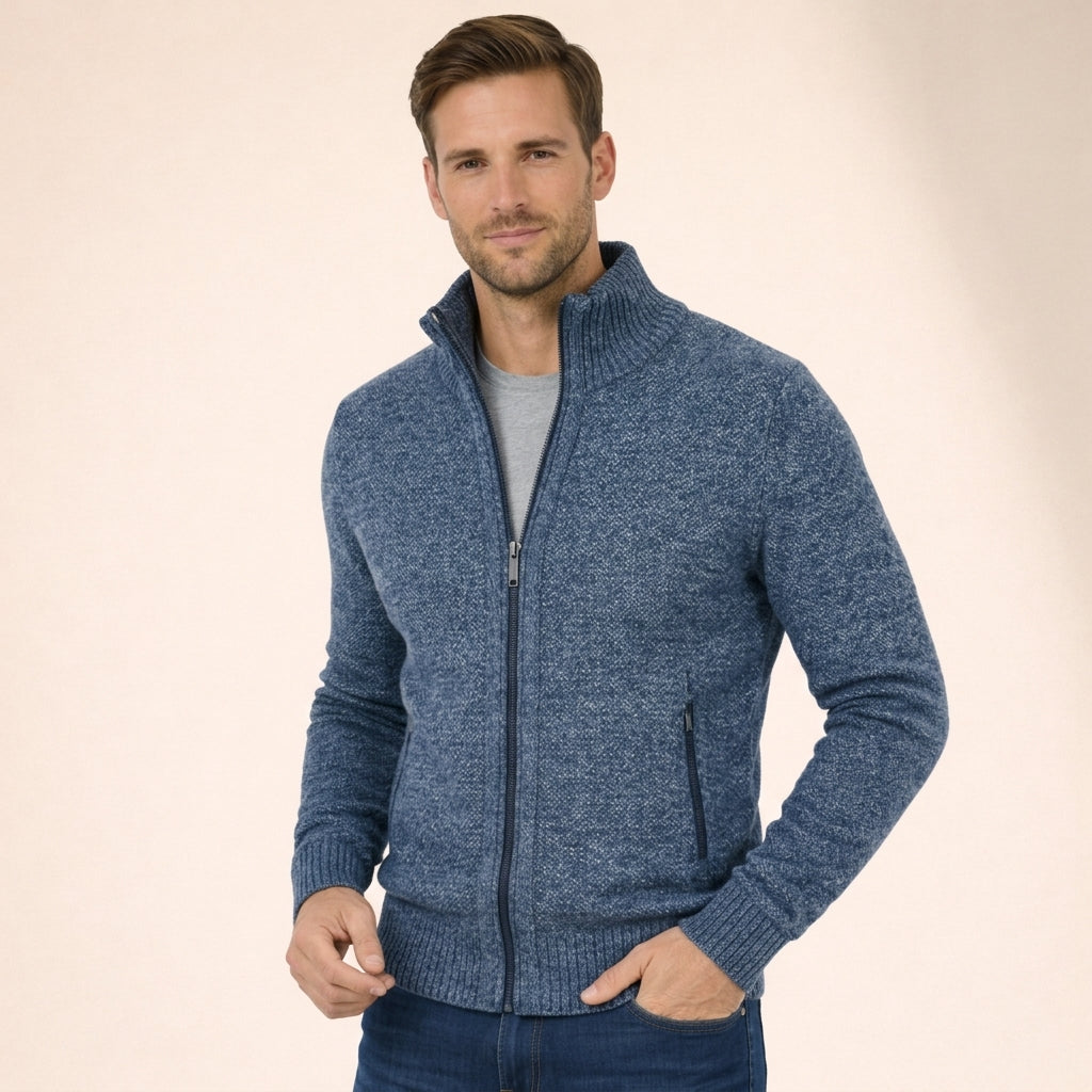 Pull Homme en Laine Mérinos Entièrement Zippé Col Montant