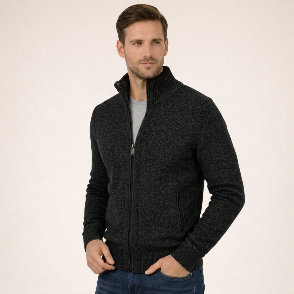 Pull Homme en Laine Mérinos Entièrement Zippé Col Montant