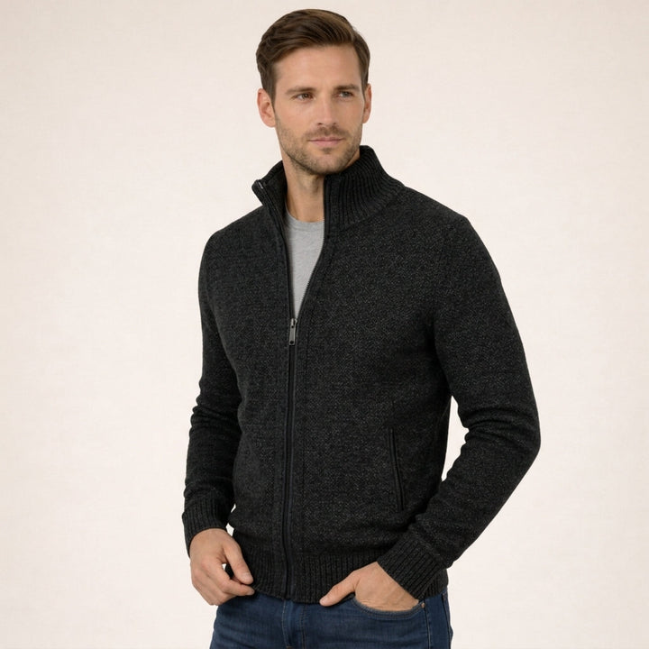 Pull Homme en Laine Mérinos Entièrement Zippé Col Montant