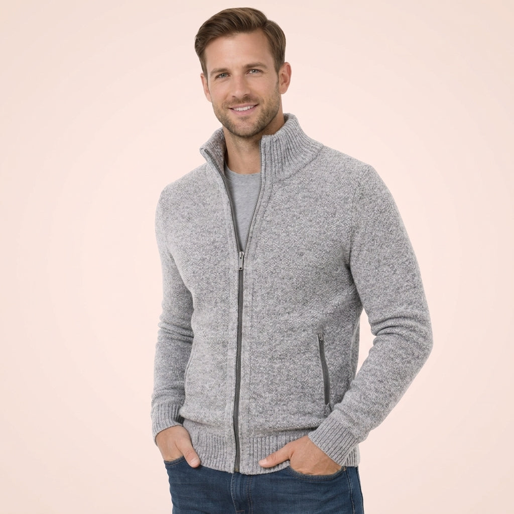 Pull Homme en Laine Mérinos Entièrement Zippé Col Montant