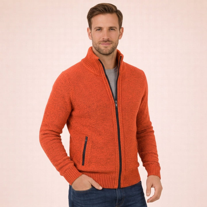 Pull Homme en Laine Mérinos Entièrement Zippé Col Montant