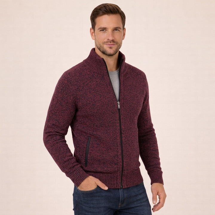 Pull Homme en Laine Mérinos Entièrement Zippé Col Montant