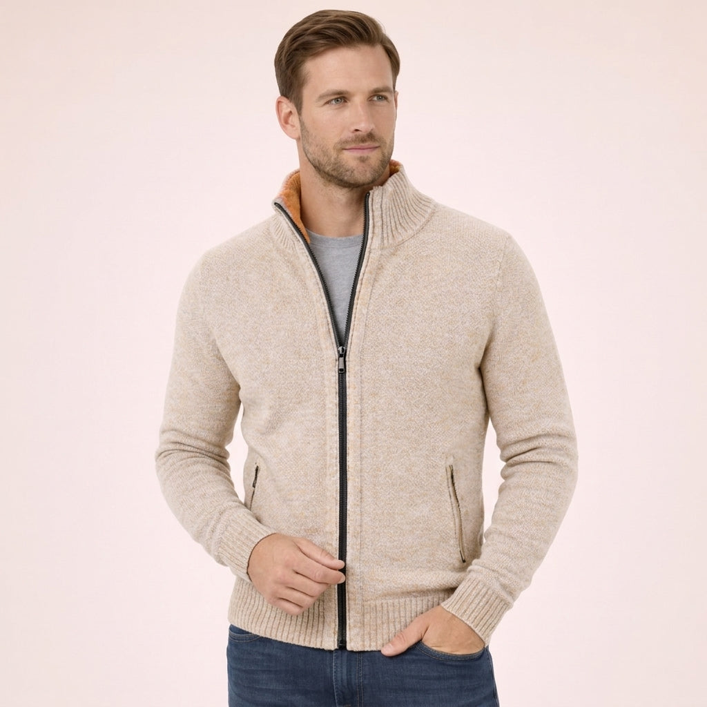 Pull Homme en Laine Mérinos Entièrement Zippé Col Montant