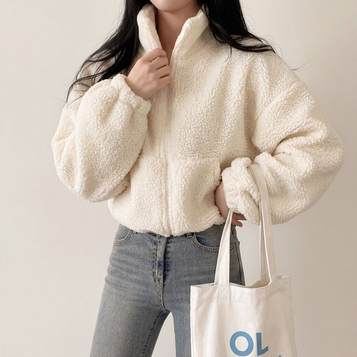 Giacca in pile da donna in sherpa, corta e casual, con mezza zip