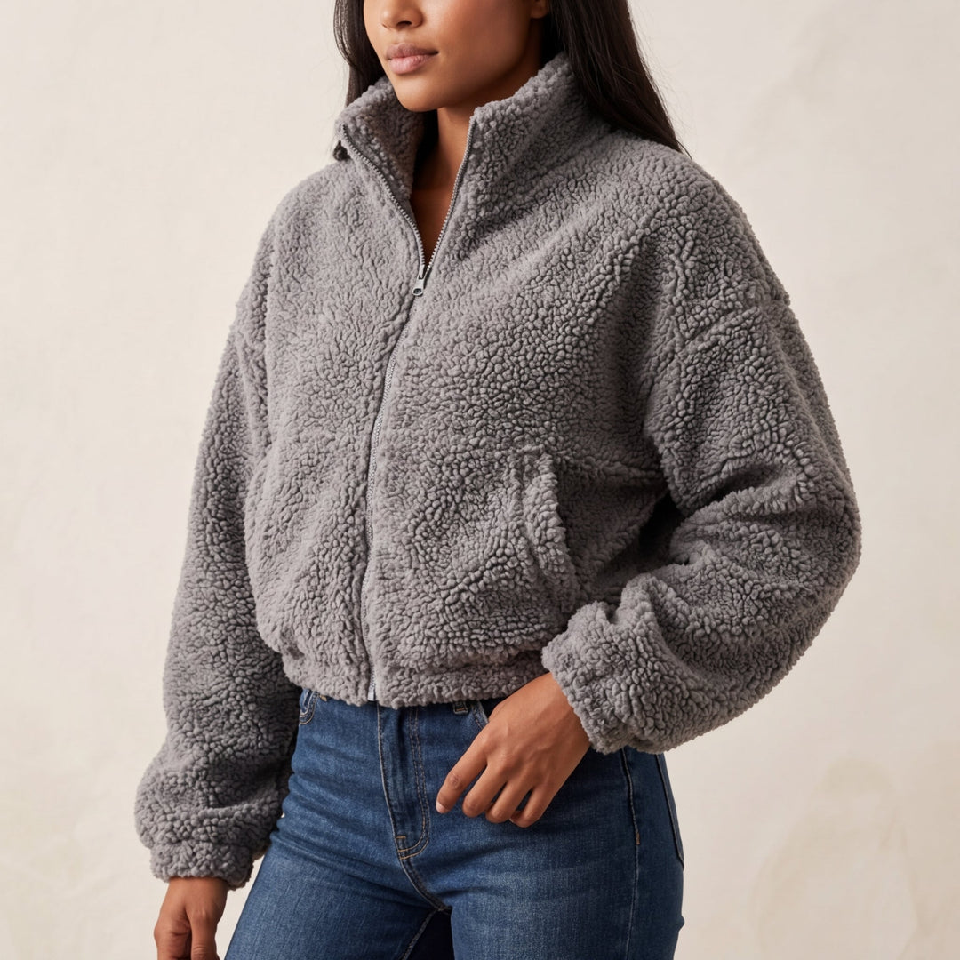 Giacca in pile da donna in sherpa, corta e casual, con mezza zip