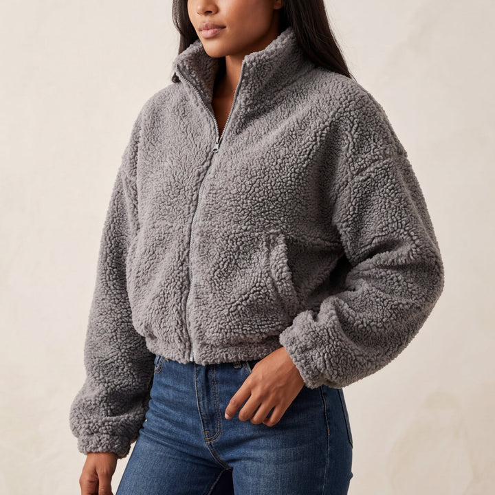 Giacca in pile da donna in sherpa, corta e casual, con mezza zip