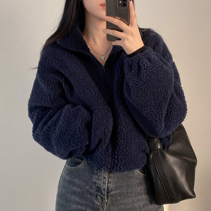 Giacca in pile da donna in sherpa, corta e casual, con mezza zip