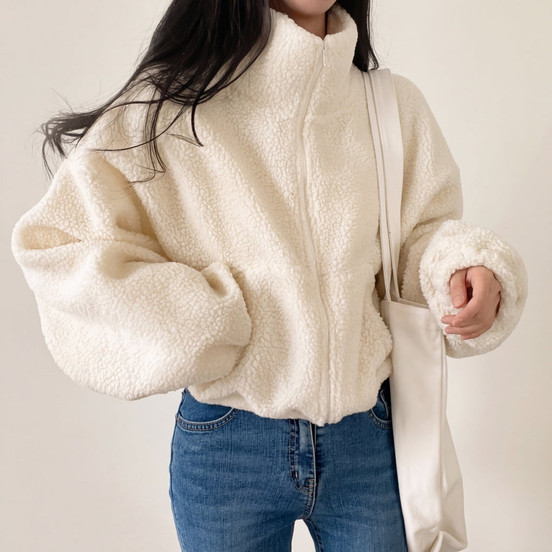 Giacca in pile da donna in sherpa, corta e casual, con mezza zip