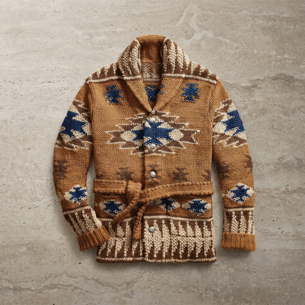 Men's jacquard-knit cardigan with shawl collar and belt