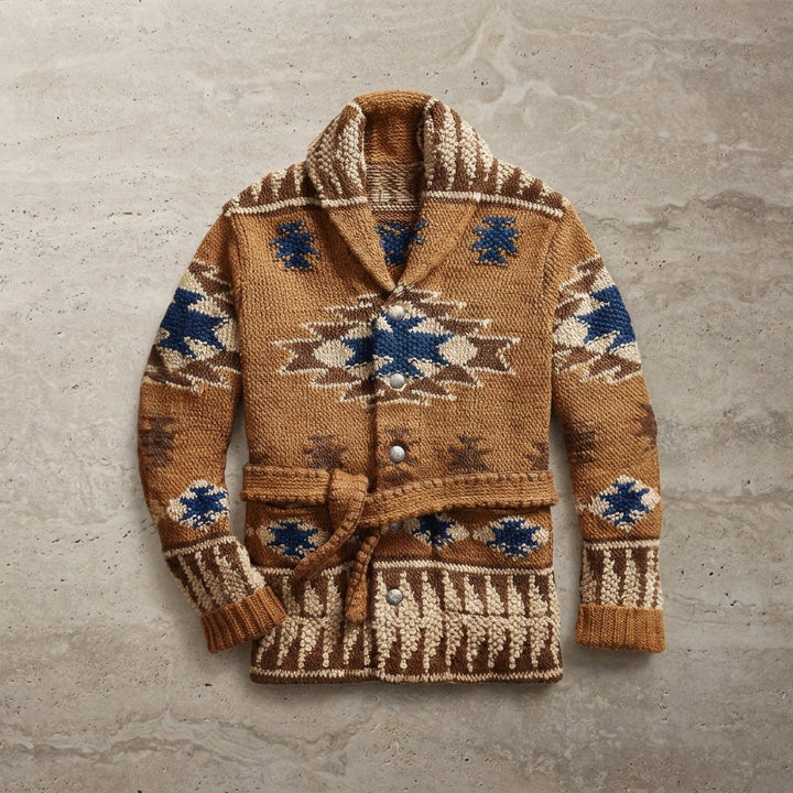 Men's jacquard-knit cardigan with shawl collar and belt
