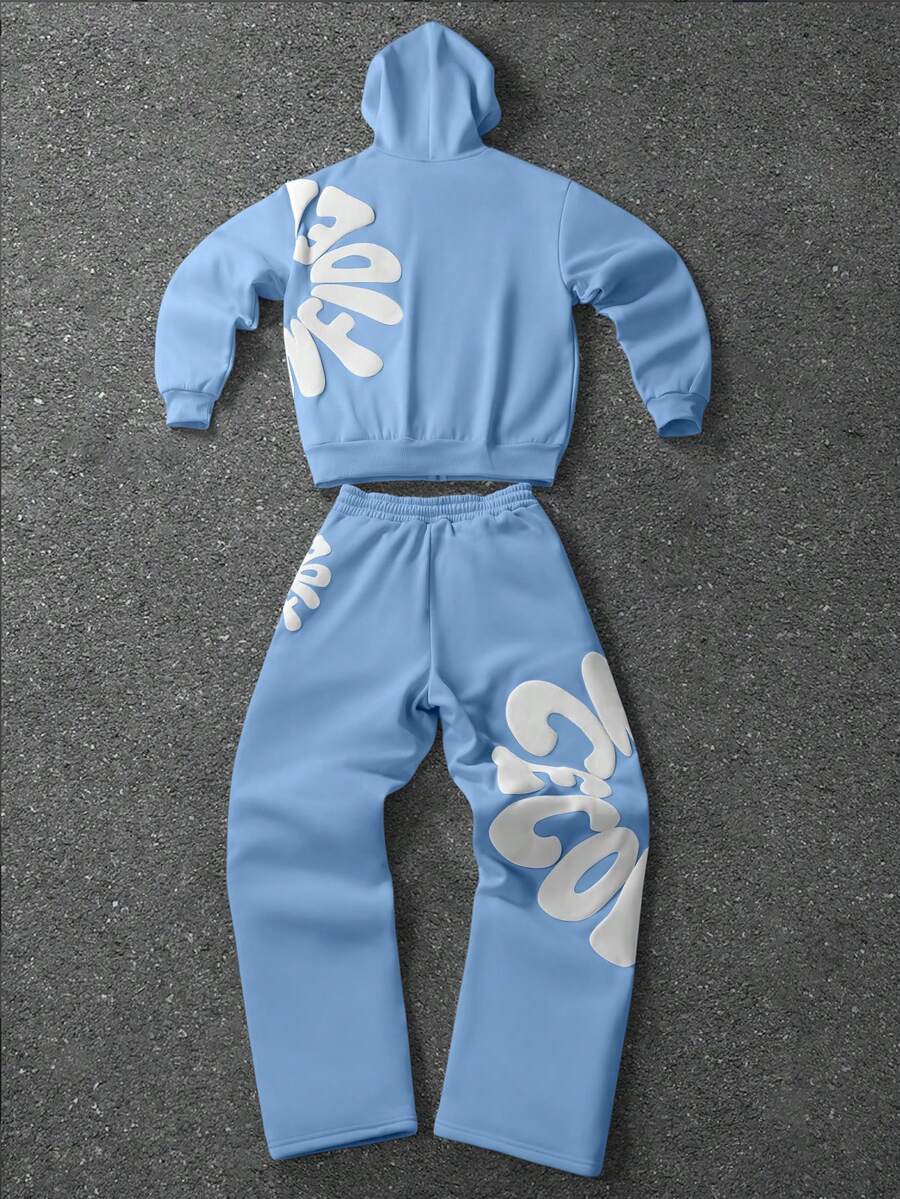 Herren-Trainingsanzug mit Kapuze, Reißverschluss und Hose mit Schaumstoff-Buchstabenprint