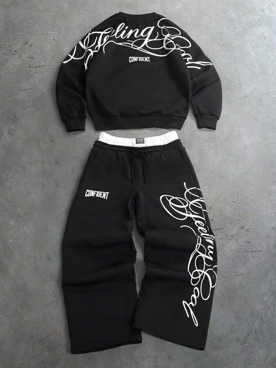 Herren-Trainingsanzug mit Rundhalsausschnitt, Gothic-Print und weiter Hose