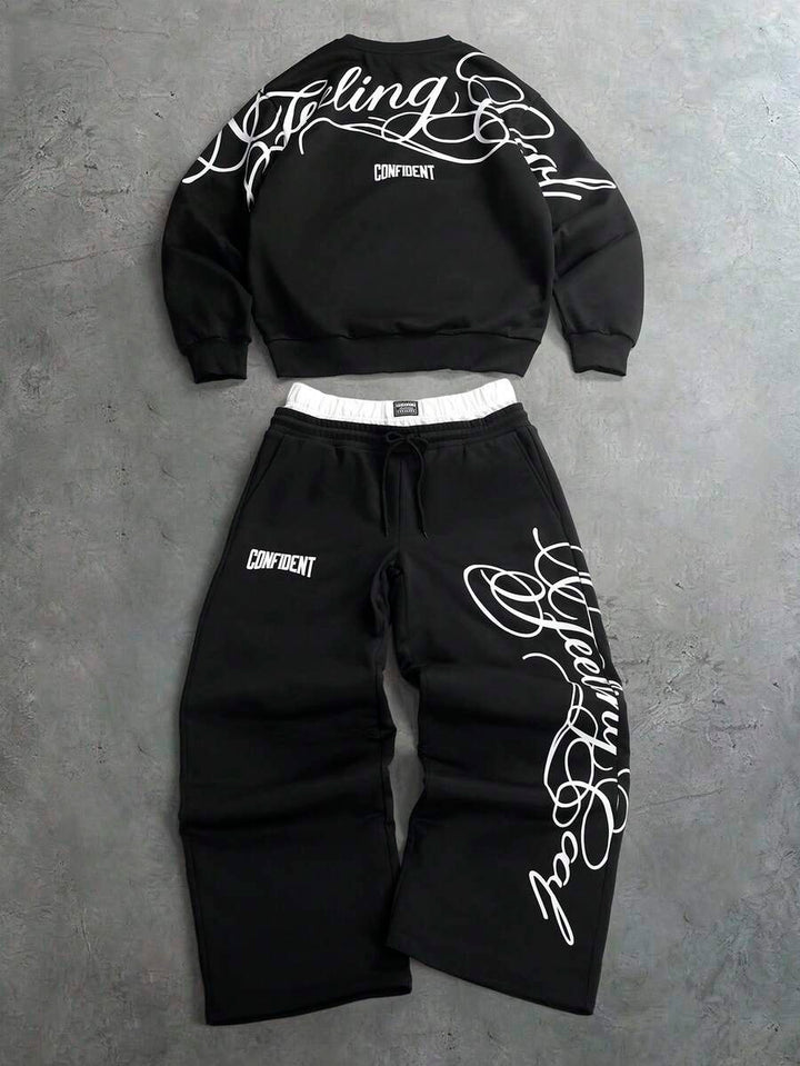 Herren-Trainingsanzug mit Rundhalsausschnitt, Gothic-Print und weiter Hose