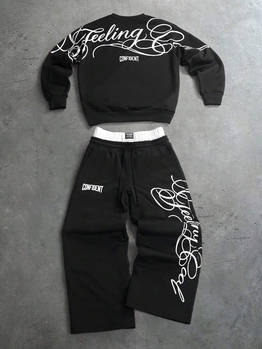 Herren-Trainingsanzug mit Rundhalsausschnitt, Gothic-Print und weiter Hose