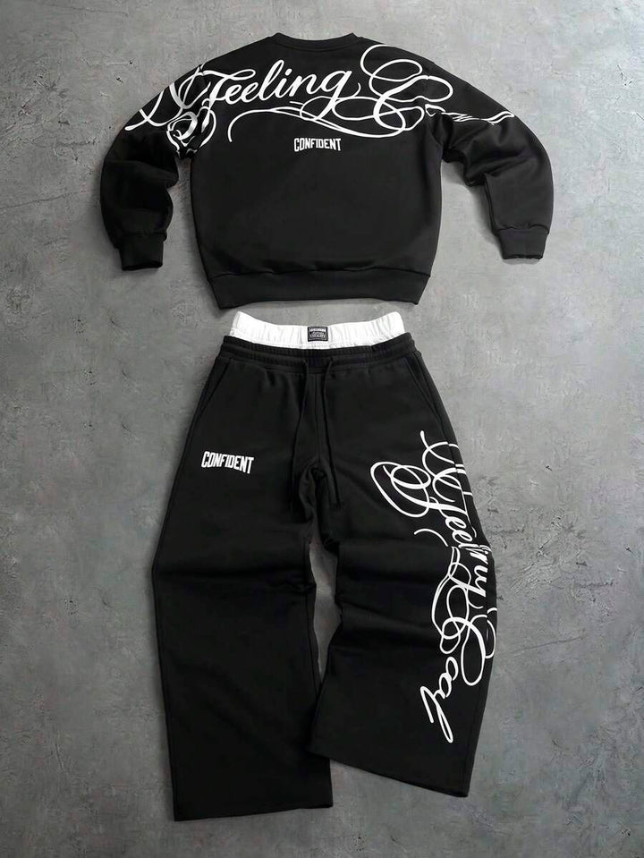 Herren-Trainingsanzug mit Rundhalsausschnitt, Gothic-Print und weiter Hose