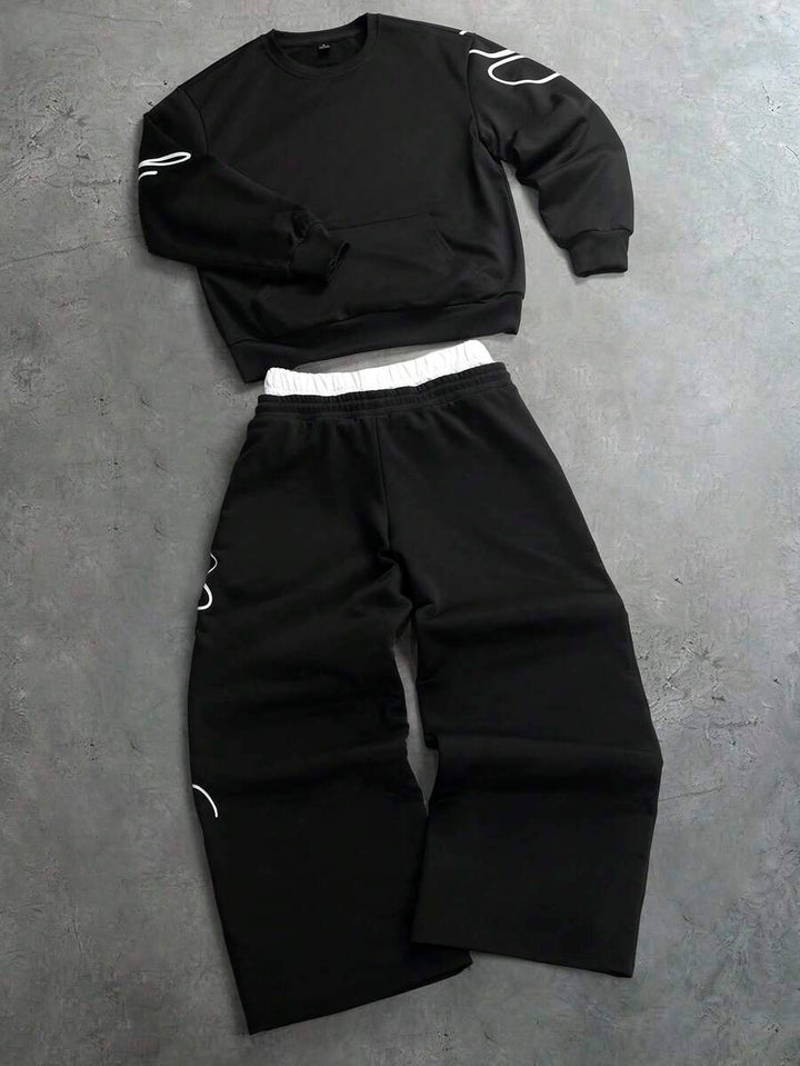Herren-Trainingsanzug mit Rundhalsausschnitt, Gothic-Print und weiter Hose