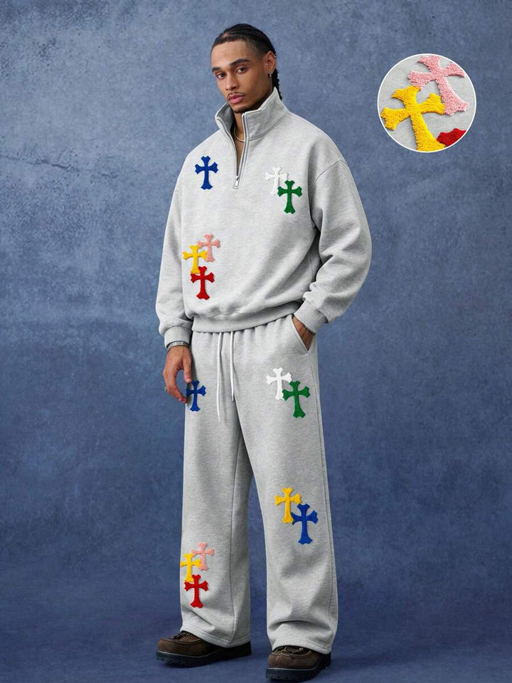 Men's two-tone tracksuit set with crew-neck top and wide-leg pants