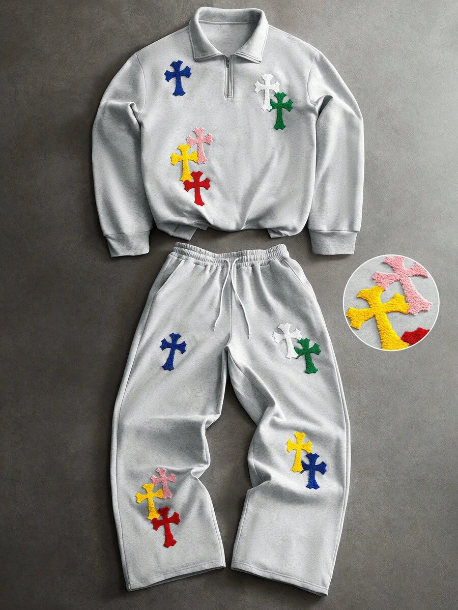 Men's two-tone tracksuit set with crew-neck top and wide-leg pants