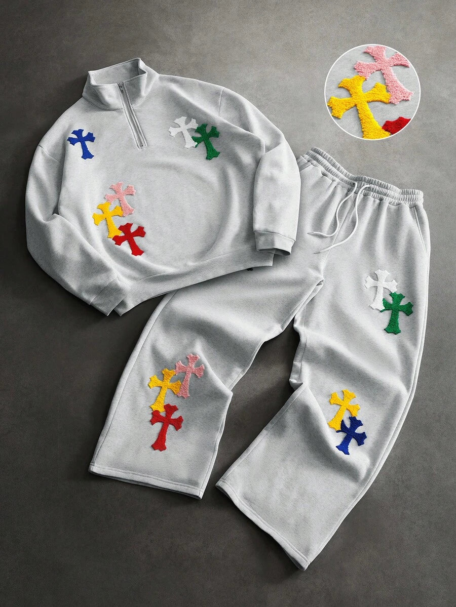 Men's two-tone tracksuit set with crew-neck top and wide-leg pants