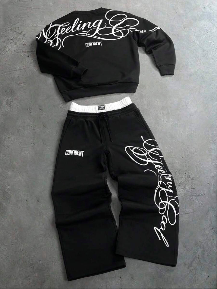 Herren-Trainingsanzug mit Rundhalsausschnitt, Gothic-Print und weiter Hose