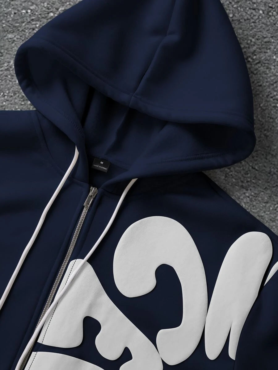 Herren-Trainingsanzug mit Kapuze, Reißverschluss und Hose mit Schaumstoff-Buchstabenprint