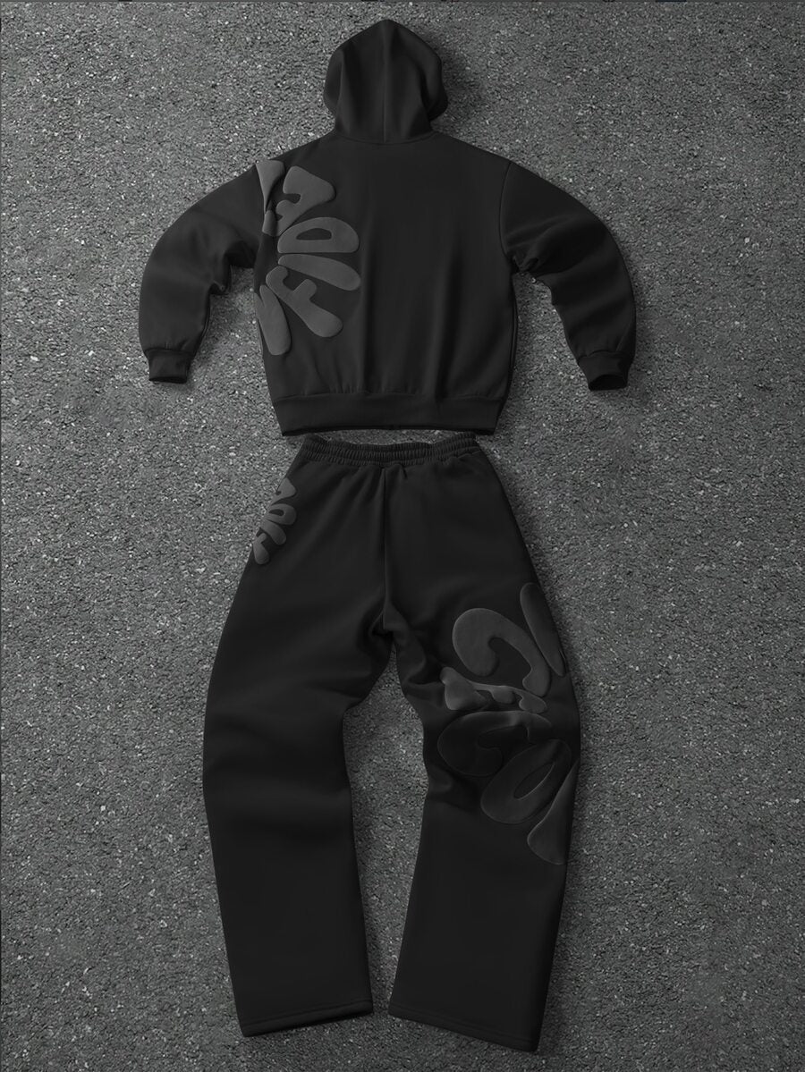 Herren-Trainingsanzug mit Kapuze, Reißverschluss und Hose mit Schaumstoff-Buchstabenprint