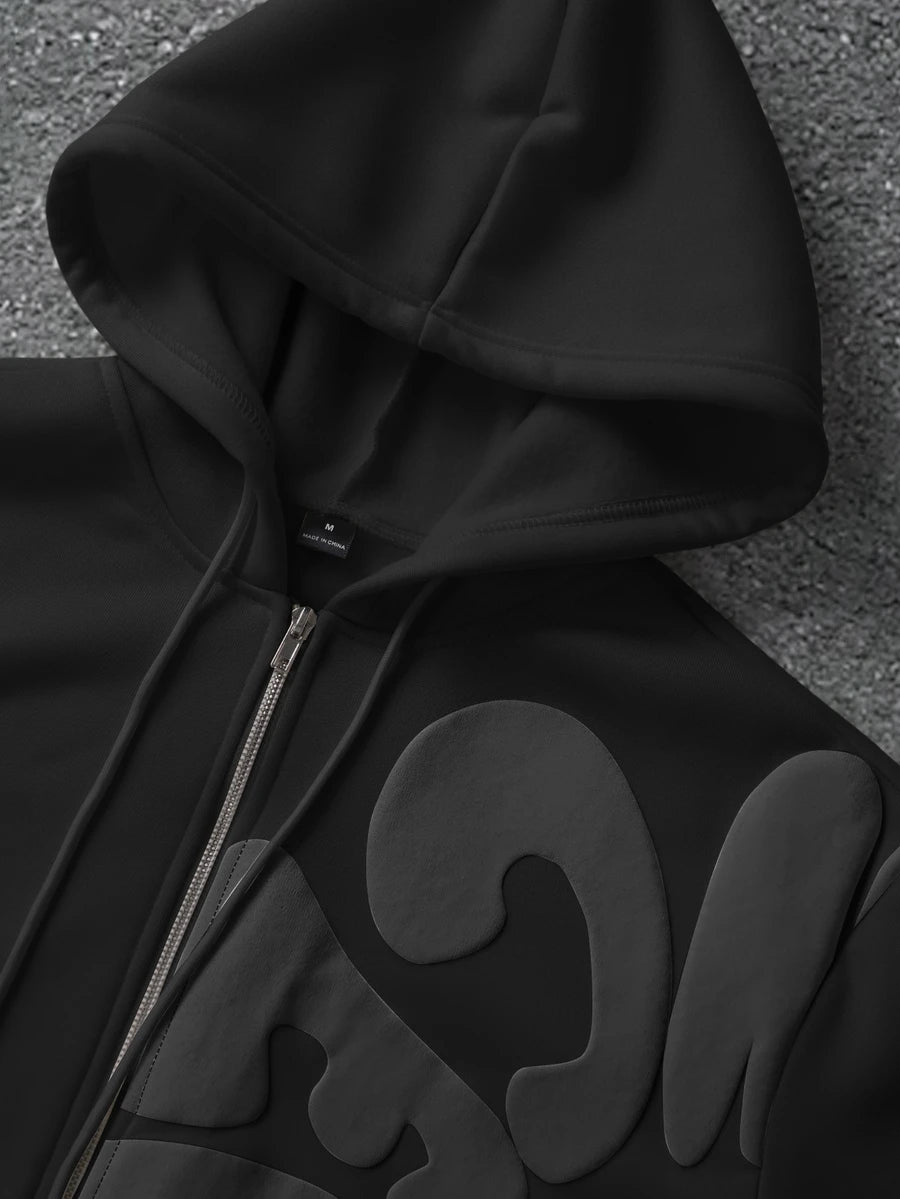 Herren-Trainingsanzug mit Kapuze, Reißverschluss und Hose mit Schaumstoff-Buchstabenprint