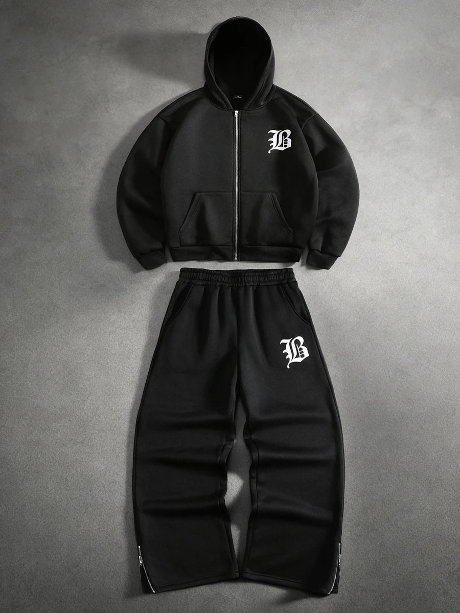 Herren-Trainingsanzug mit Kapuze, Reißverschluss und Hose mit Schaumstoff-Buchstabenprint