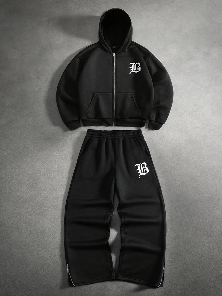 Herren-Trainingsanzug mit Kapuze, Reißverschluss und Hose mit Schaumstoff-Buchstabenprint