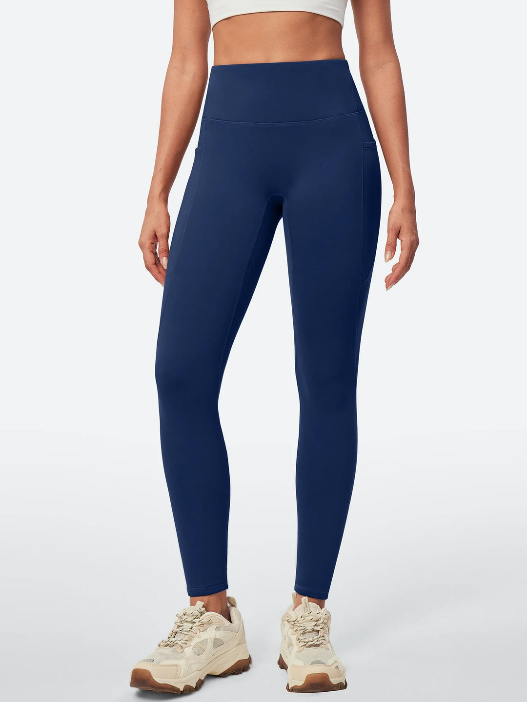 Leggings da donna a vita alta foderati in pile, senza cucitura anteriore e con tasche