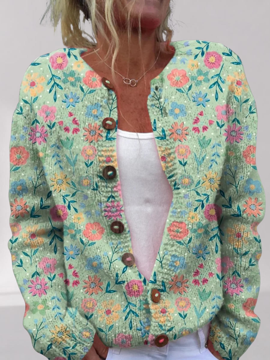 Cardigan Fleuri Femme Vert – Maille Coupe Décontractée à Boutons