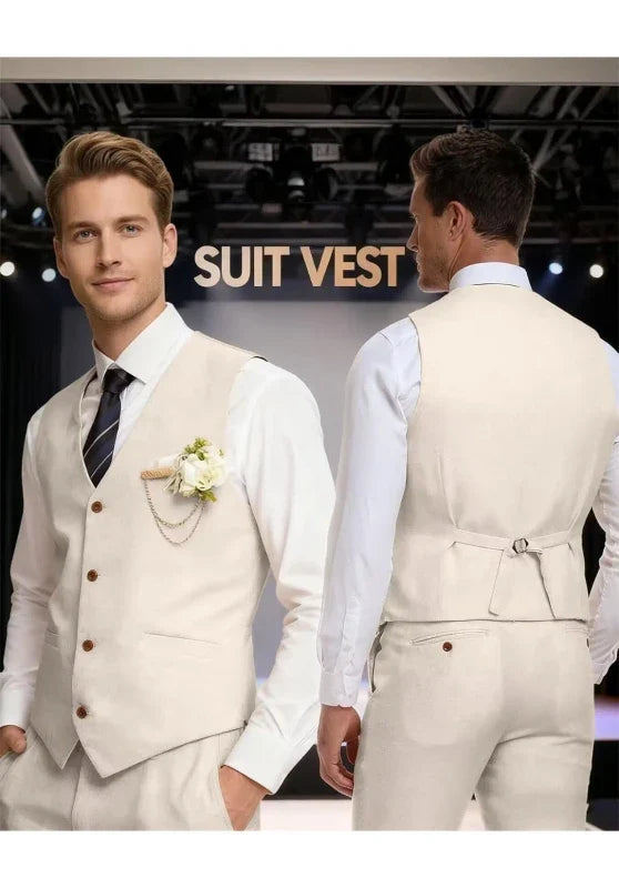 Costume Trois Pièces Homme Coupe Regular en Lin avec Col Notch et Gilet Boutonné