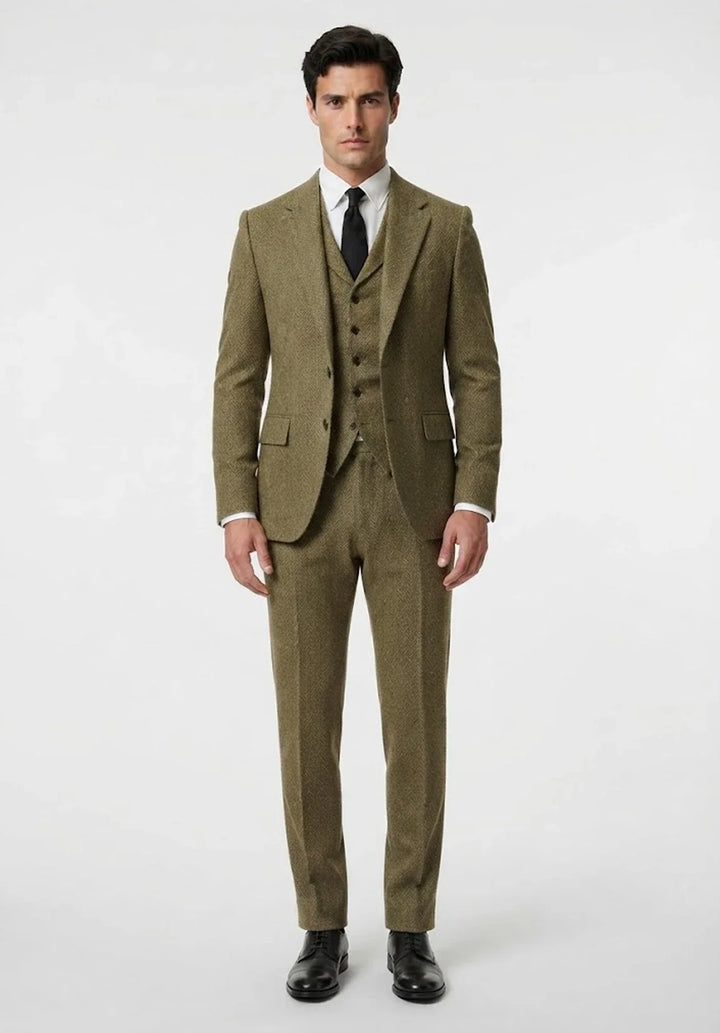 Costume Trois Pièces Homme Coupe Slim en Chevrons avec Col Notch et Gilet Assorti