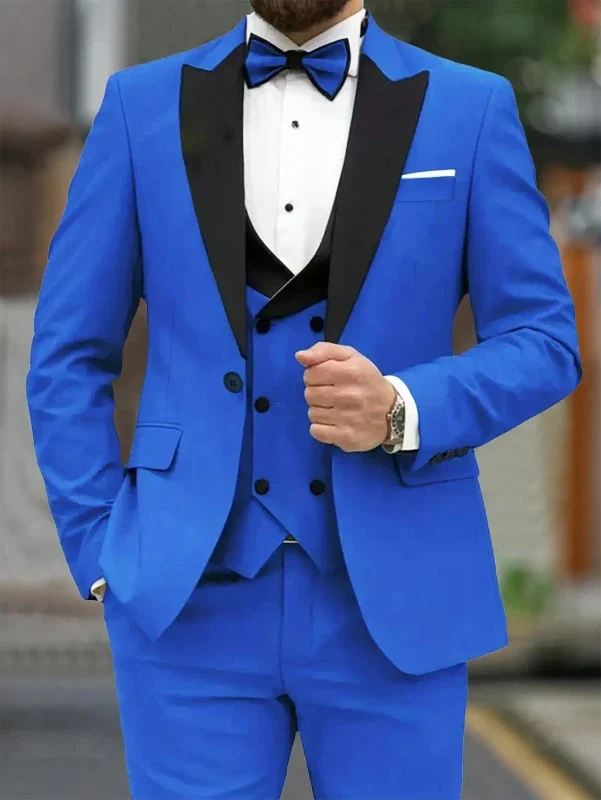 Costume Trois Pièces Homme Coupe Classique avec Col Contrastant et Gilet Croisé