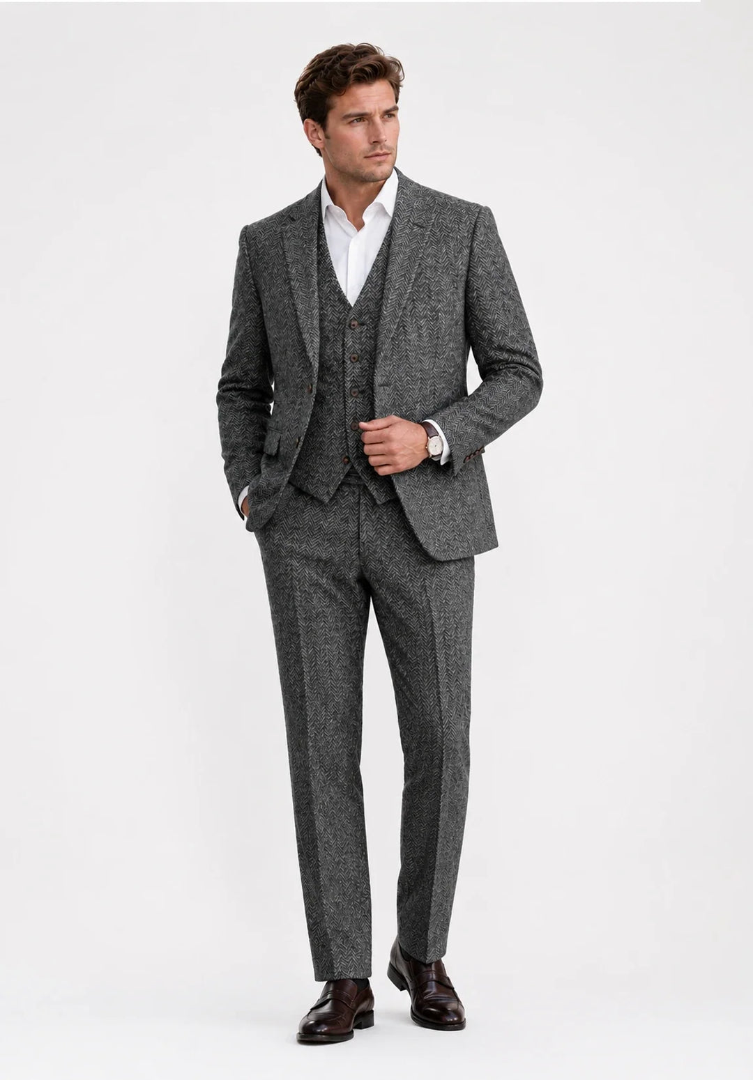 Completo uomo tre pezzi slim fit a spina di pesce con gilet abbottonato
