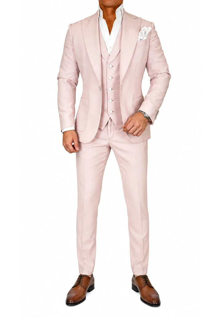 Costume Trois Pièces Homme Coupe Slim avec Col Peak et Gilet Six Boutons