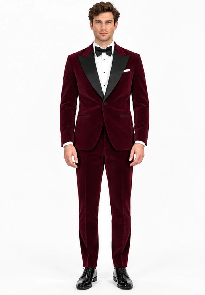 Costume Deux Pièces Homme Coupe Moderne en Velours avec Col Peak en Satin