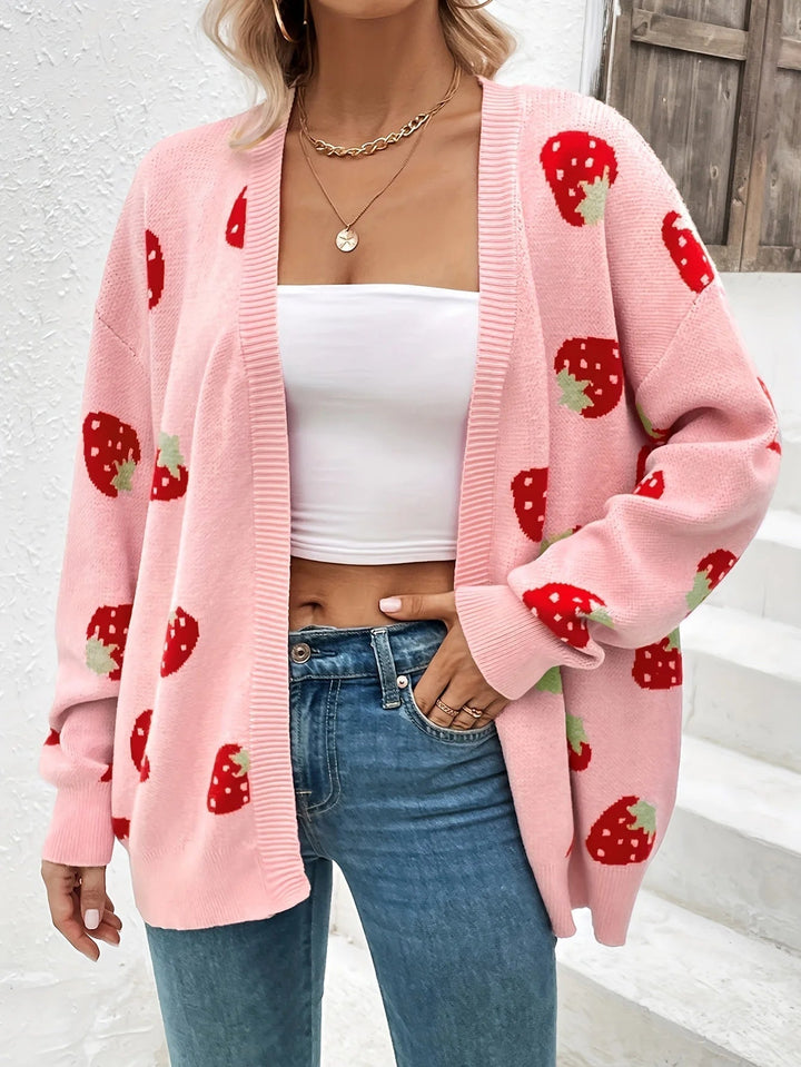 Oversized damesvest van breisel met aardbeienmotief