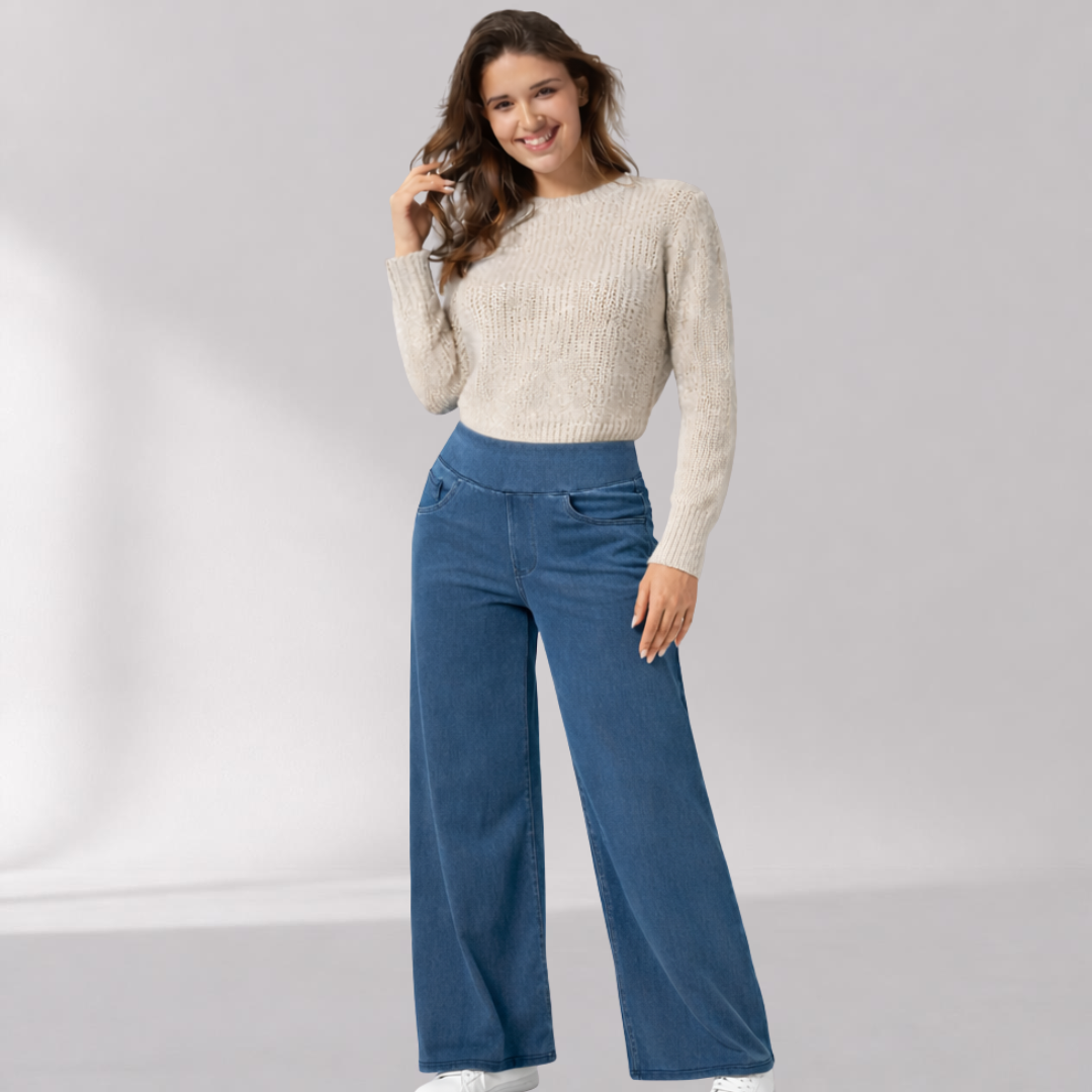 Pantalon Taille Haute à Jambes Larges avec Taille Élastique