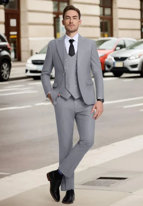 Herenpak driedelig met slim-fit pasvorm, gilet met zes knopen en klepzakken