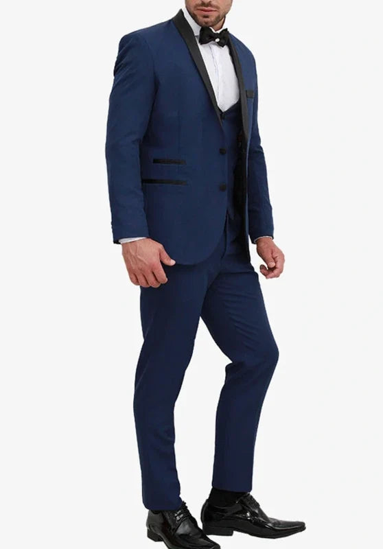 Costume Trois Pièces Homme Coupe Slim avec Col Peak en Satin et Gilet Cinq Boutons