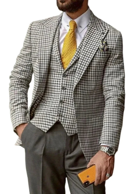 Costume Trois Pièces Homme Coupe Slim en Pied de Poule avec Col Notch et Gilet Boutonné