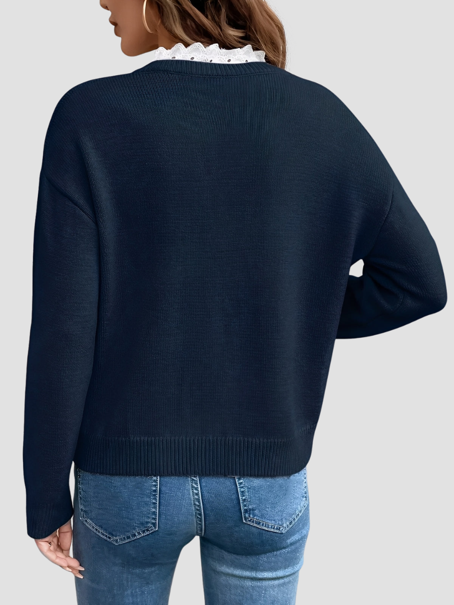 Pull en Maille Col Dentelle à Décolleté V